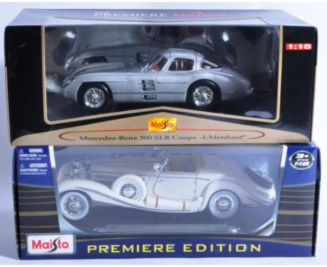 Two boxed Maisto 1/18 scale Premier Edition diecast model cars comprising model No. 36898 Mercedes Benz 300 SLR Coupe 'Uhlenh