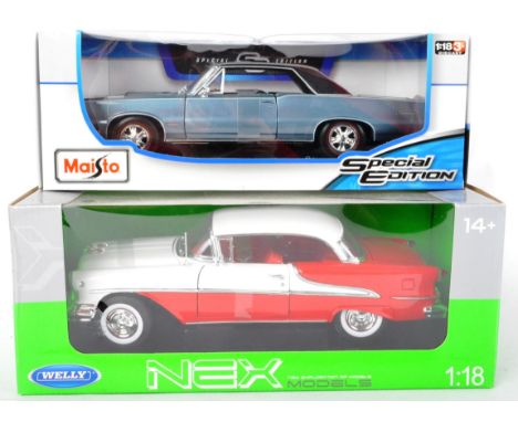 Two boxed 1/18 scale diecast model cars comprising Welly ' Nex Models ' No. 19869W Oldsmobile Super 88 and Maisto Pontiac GTO