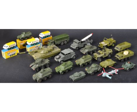 A large collection of assorted vintage Dinky Toys, Corgi Toys and Matchbox Lesney diecast model Military related vehicles. Ex