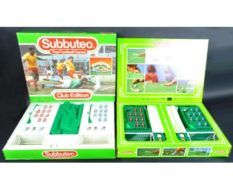 Two original vintage Subbuteo table top football game sets. Both sets appearing complete with x2 teams, felt pitches, corner 