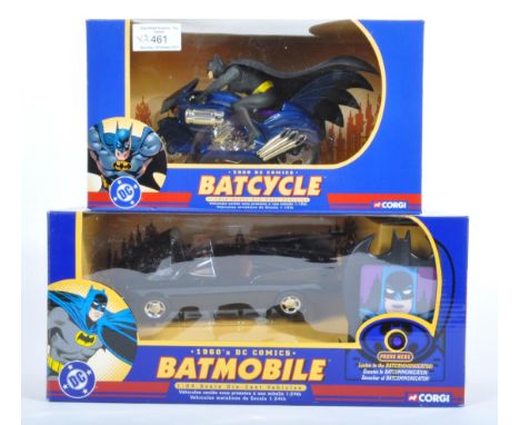 Two original Corgi made DC Comics boxed diecast Batman vehicles comprising 77404 Batcycle (1/16 scale) and 77501 Batmobile wi