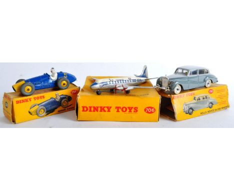 A collection of x3 original vintage boxed Dinky Toys diecast models to include; 235 Ferrari Racing Car, 150 Rolls Royce Silve