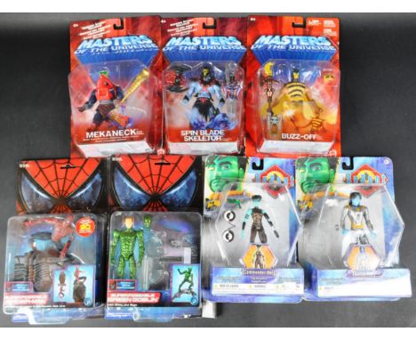 A collection of x7 assorted circa 2001 action figures comprising Mattel made MOTU Master Of The Universe Skeletor, Mekaneck a