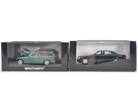 Two original Minichamps 1/43 scale precision boxed diecast model cars comprising; BMW 323l Touring 1999 and Mercedes-Benz S-C