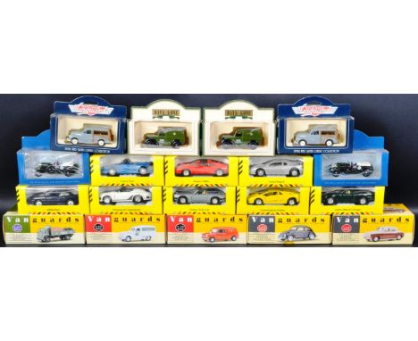 A collection of assorted boxed diecast model cars by makers Lledo Vanguards, Lledo Days Gone and Shell Super Car Collection. 