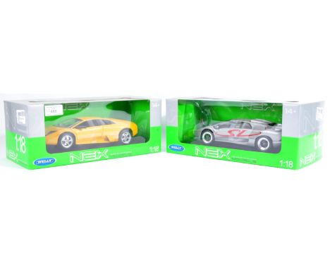 Two original Welly made 1/18 scale ' Nex Models ' diecast model cars comprising models No. WEL12517 Lamborghini Murcielago an