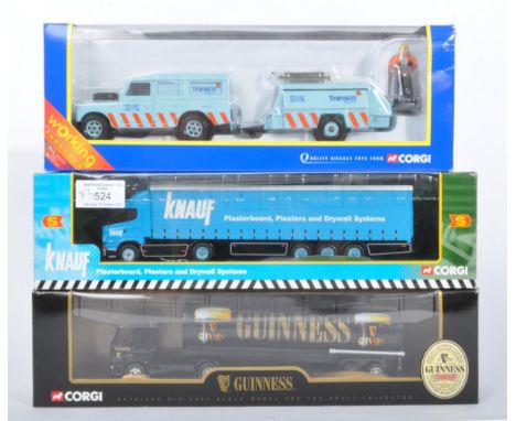 A collection of x3 boxed Corgi made diecast model trucks / lorries comprising; 60031 Transco Land Rover, Road Drill and figur