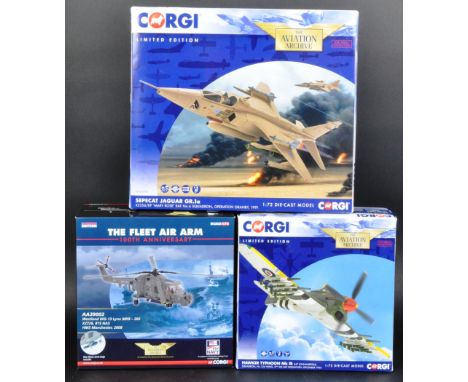 A collection of x3 Corgi ' Aviation Archive ' 1/72 scale diecast model planes comprising; AA39002 The Fleet Air Arm 100th Ann