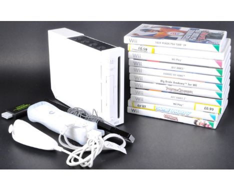 A original Nintendo Wii video games console with Wiimote and nunchuck controller set, power lead, sensor bar and a collection