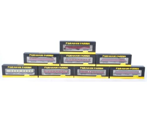 A collection of x8 original boxed Graham Farish N gauge model railway trainset locomotive rolling stock coaches and carriages