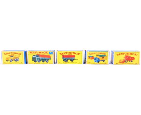 A collection of x5 boxed original vintage Lesney made Matchbox Series diecast models comprising models No. 1 Mercedes Truck, 