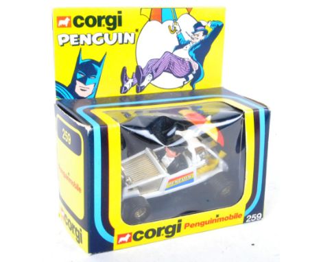 An original vintage boxed Corgi diecast model No. 259 DC Comics Penguinmobile. The model appearing mint with Penguin figure, 