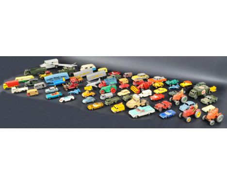 A large collection of assorted vintage diecast model cars and other vehicles by makers Dinky Toys, Corgi Toys, Lesney and Mat