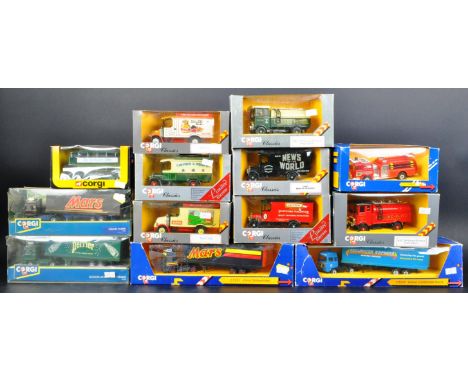 A collection of x13 original vintage Corgi made diecast model trucks and buses to include models; C931 1929 Thornycroft Van, 
