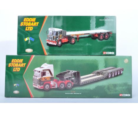 Two original Corgi made Eddie Stobart boxed diecast model trucks / lorries comprising CC12502 Atkinson Borderer Flatbed Trail