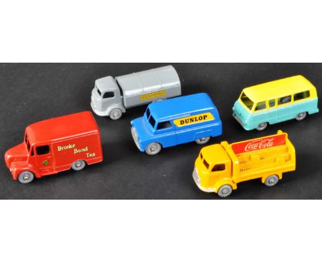 A collection of x5 original vintage Lesney made Matchbox Series diecast model vans and buses comprising; No. 25 Dunlop Van, N