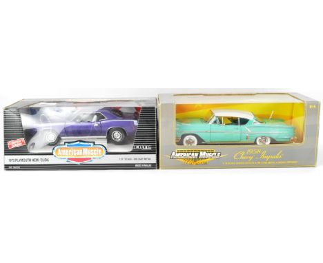 Two original ERTL made 1/18 scale American Muscle boxed diecast model cars comprising 7267 Plymouth Hemi' Cuda and 32287 Chev