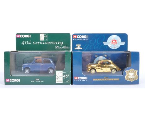 Two original Corgi Limited Edition diecast model cars comprising 02002 Gold Plated Morris Minor 50 Years and 04504 Mini 40th 