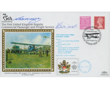 Multi signed Peter Lord of Abbotts-Hays. Lieutenant K.W. McDowall FDC Benham. 75th Anniversary, The First UK Regular Commerci