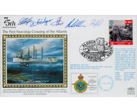 Multi signed R C Bridges. P J Smythe. S Wild. Plus 2 others. FDC Benham. 75th Anniversary. The First Non-Stop Crossing of the