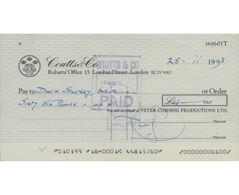Peter Cushing signed Coutts cheque dated 25.11.1993. Good condition. All autographs are genuine hand signed and come with a C