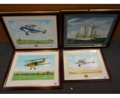 Three watercolours of aviation interest comprising a de Haviland Fox Moth in flight, a de Haviland Tiger Moth in flight and a
