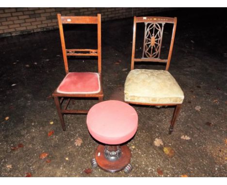 Two Edwardian chairs with upholstered seats and a small round stool, the stem raised on tripod supports [3]