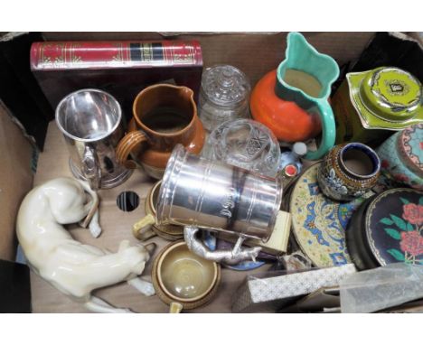 A mixed lot to include vintage tins, ceramics to include Royal Doulton Slaters Patent Vase, cider mugs, a model of a dog, gla