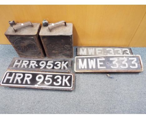 Two vintage Pratts petrol cans and four vintage car registration plates Est £30 - £50
