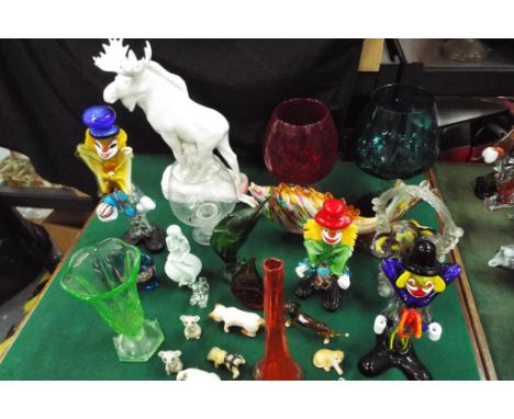 A quantity of art glass in the Murano style and similar, also included in the lot is a Soviet Russian ceramic model of a moos