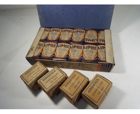 Lumax motor lamp bulbs - a complete box of 10 watt bulbs in original packaging and four Argonia automobile lamps in original 
