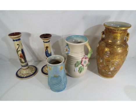 A Clarice Cliff for Newport Pottery single handled jug / vase of bluster form, applied marks to the base No 907, a Beswick Wa
