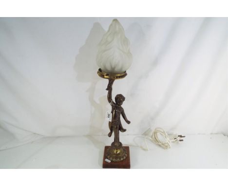 A bronzed table lamp depicting a cherub, glass shade est £20 - £40