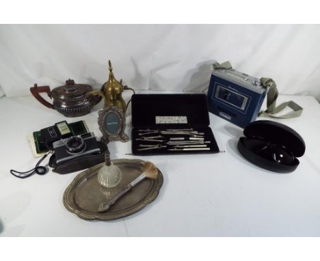 A good mixed lot to include a Binatone stereo, Stereo cassette / hi-fi, plated ware, drawing set, vintage cameras and a pair 