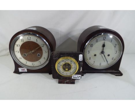 A Bakelite Enfield Mantel Clock, a Smiths Enfield Mantel Clock with pendulum and a key and a Barometer in marble surround (3)
