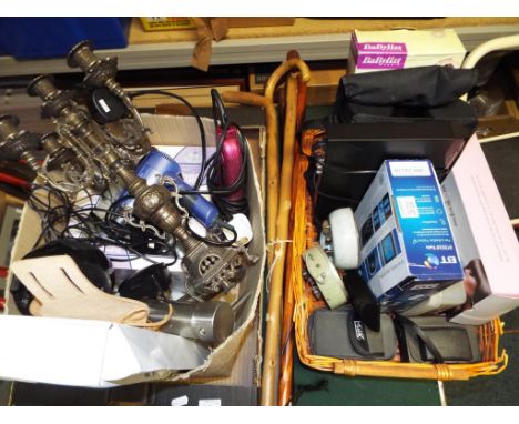 Two boxes containing a quantity of household items, binoculars, vintage cameras, vintage clocks, walking sticks and other (3)