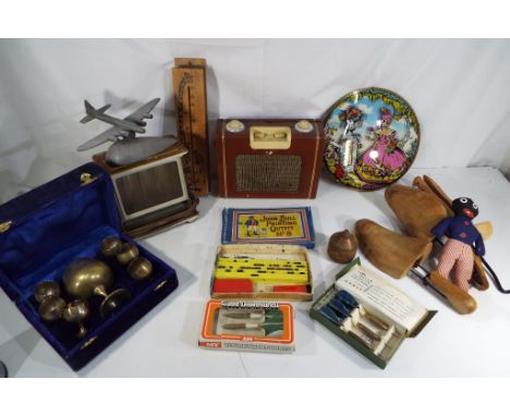 A good mix lot to include a DEMON Vintage Radio, a John Ball Printing Outfit #8, a Hot Point vintage toaster, darts, shoe str