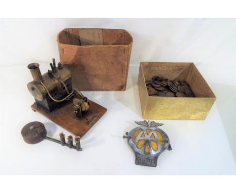 A quantity of predominantly pre-decimalisation UK coins,vintage AA car badge and a Mersey Model Co Ltd brass and tinplate sta