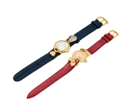 A lot of two gold diamond set quartz wristwatches Quartz movements, one with mother of pearl dial with diamond chapter, diamo