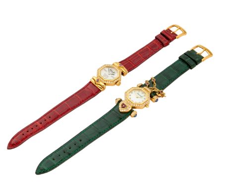 A lot of two gold diamond and gem set quartz wristwatches Quartz movements, octagonal mother of pearl and diamond dials, diam