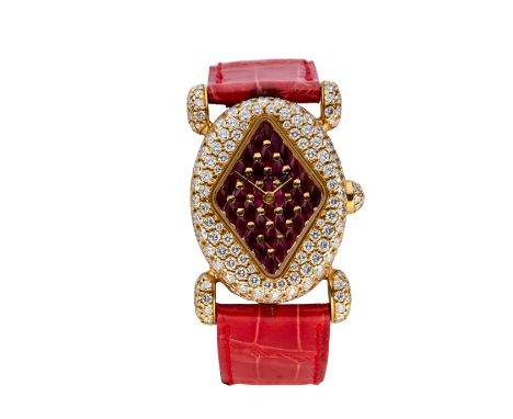 Swiss. A gold ruby and diamond set quartz wristwatch Quartz movement, lozenge shaped marquise ruby set dial, oval pavé diamon
