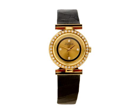 DeLaneau. An 18ct gold diamond set quartz wristwatch Quartz ETA Cal: 279 001 movement, brushed champagne and black enamel dia