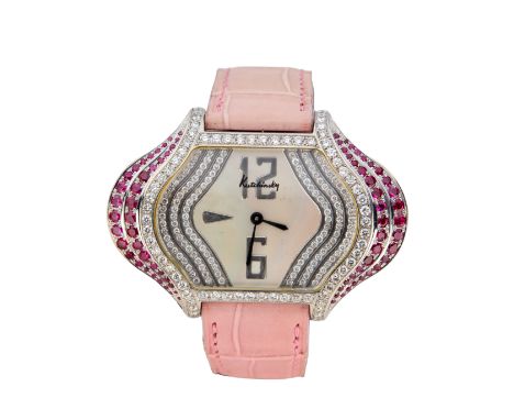 Kutchinsky. A diamond and ruby set wristwatch Drapée, Limited edition no. 027 Quartz movement, mother of pearl diamond set di