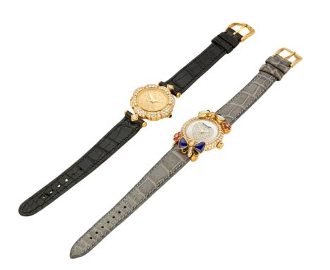 Swiss. A lot of two gold diamond and gem set quartz wristwatches Comprising: one with mother of pearl and pavé set diamond di
