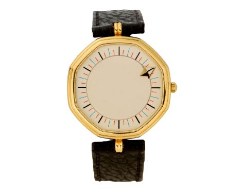 Gérald Genta. A gold quartz wandering hour wristwatch Ref: G 2705.7, Numbered 26852, Circa 2000 Quartz movement, silvered dia