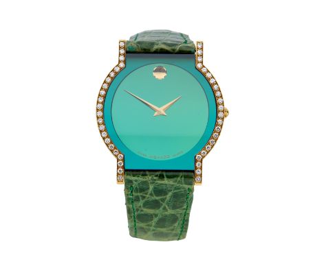 Movado. An 18ct gold diamond set quartz wristwatch Museum, Numbered 41-40-870SG 1675848 Quartz movement, circular green mirro