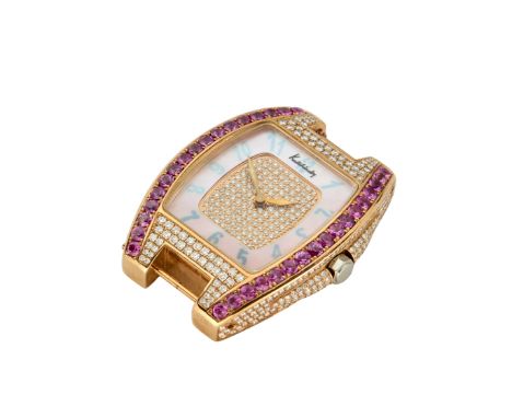 Kutchinsky. A diamond and pink sapphire set quartz wristwatch Quartz movement, tonneau pink mother of pearl dial with central