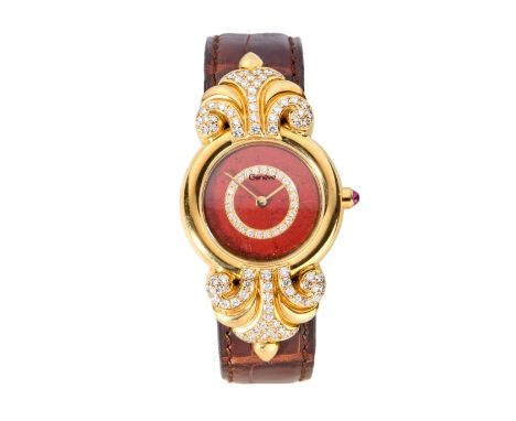 Swiss. A gold diamond set quartz wristwatch with hardstone dial Romana, No 004 Quartz movement, jasper and diamond set dial, 