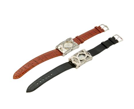 Corum. Two stainless steel diamond set quartz wristwatches with custom cases Tabogan, Reference 64.151.20, Case numbers 60667