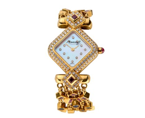 Swiss. A sapphire, ruby and diamond set quartz bracelet watch Quartz movement, pink mother of pearl dial with diamond dot hou